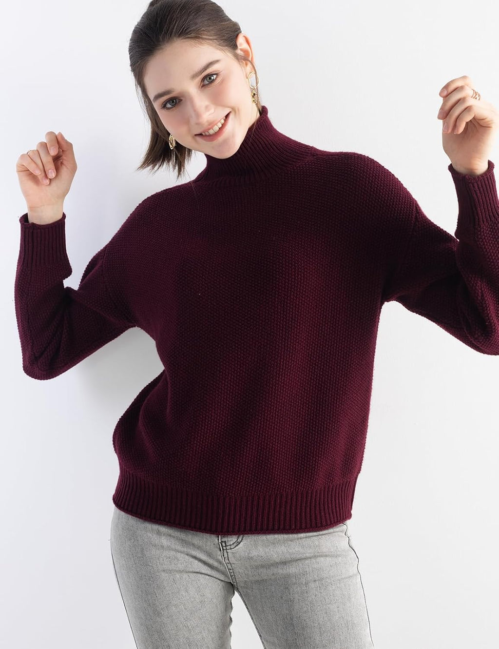 Merino Wool Blend Mock Neck Loose Knit Sweater