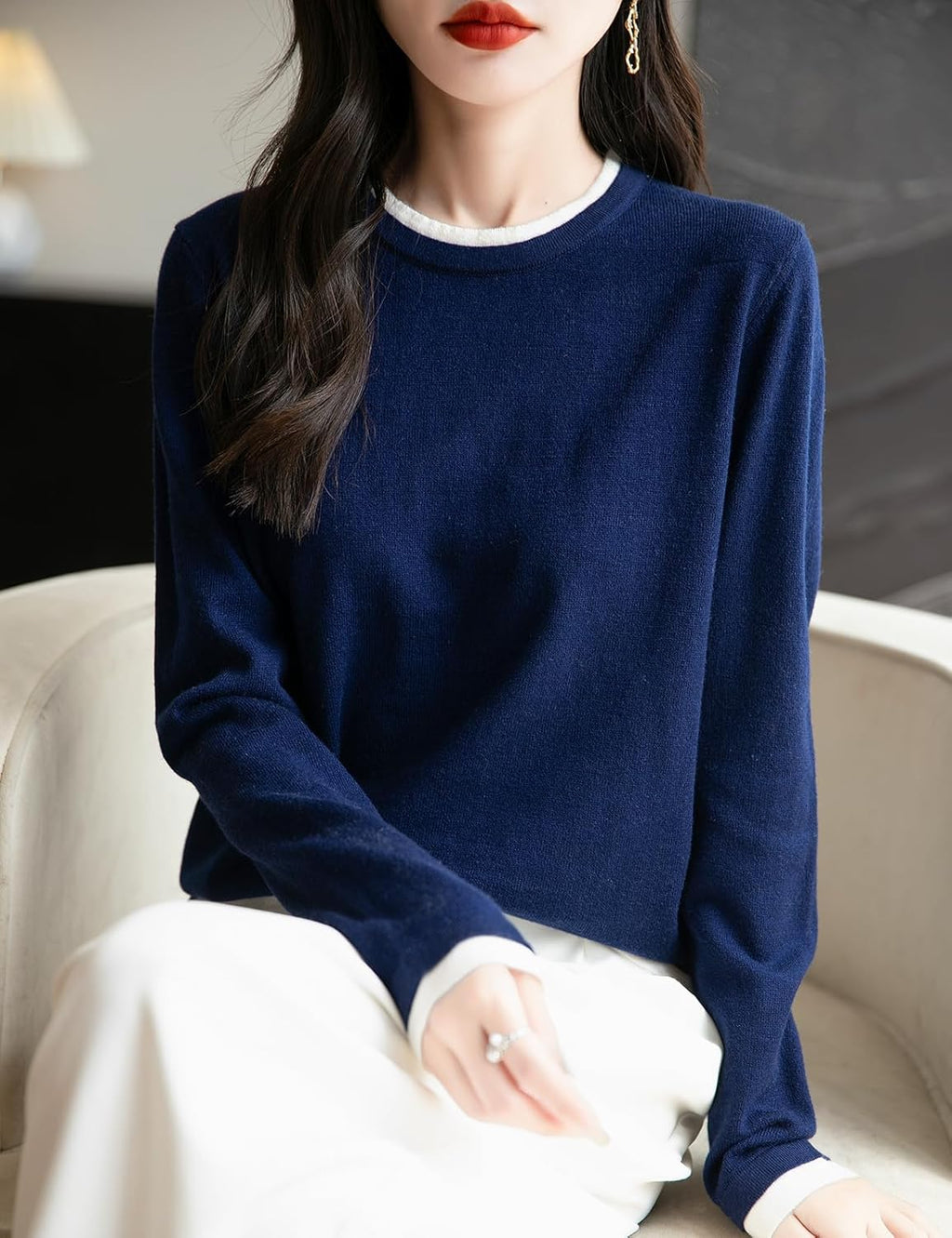 Merino Wool Blend Color Block Fake Two-Piece Crewneck Knit Top