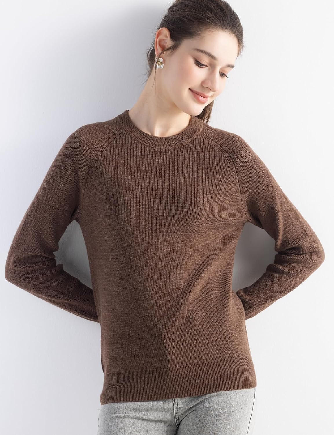 Merino Wool Blend Crew Neck Knit Sweater