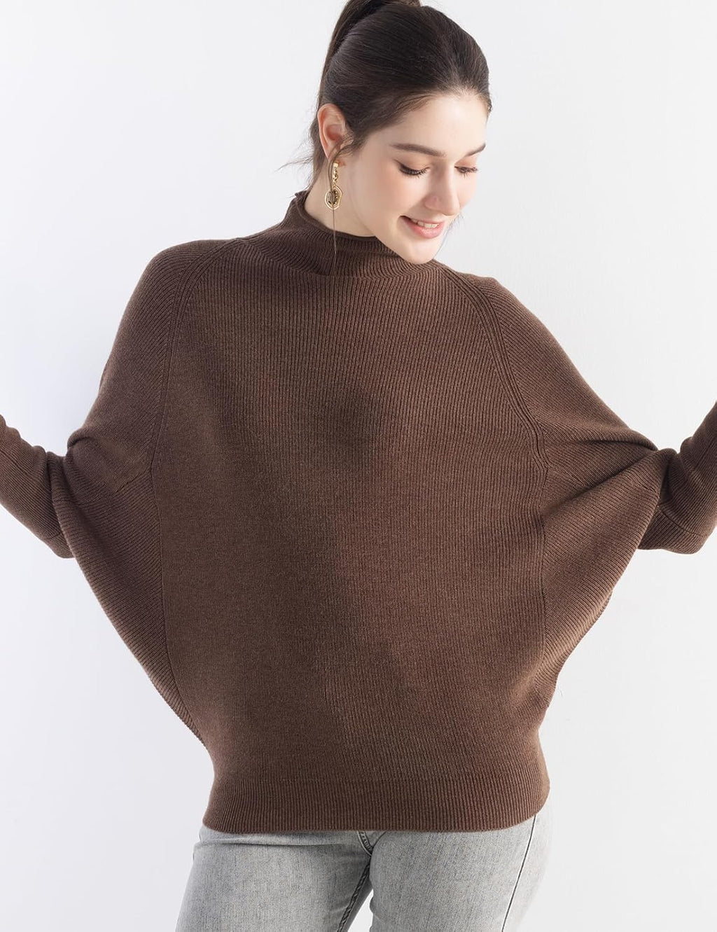 Merino Wool Blend Oversized Mock Neck Batwing Knit Sweater