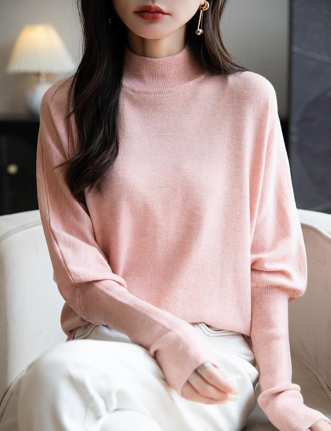 Merino Wool Blend Mock Neck Batwing Sleeve Sweater