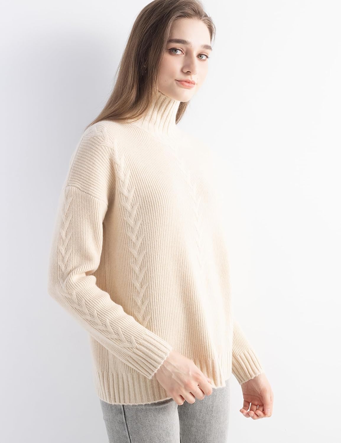 100% Cashmere Cable Knit Mock Neck Sweater