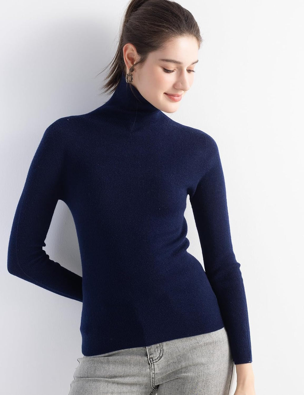 Merino Wool Blend Ribbed Turtleneck Slim Fit Sweater