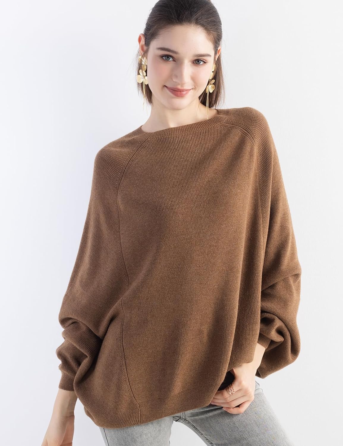 Merino Wool Blend Oversized Crewneck Batwing Sweater