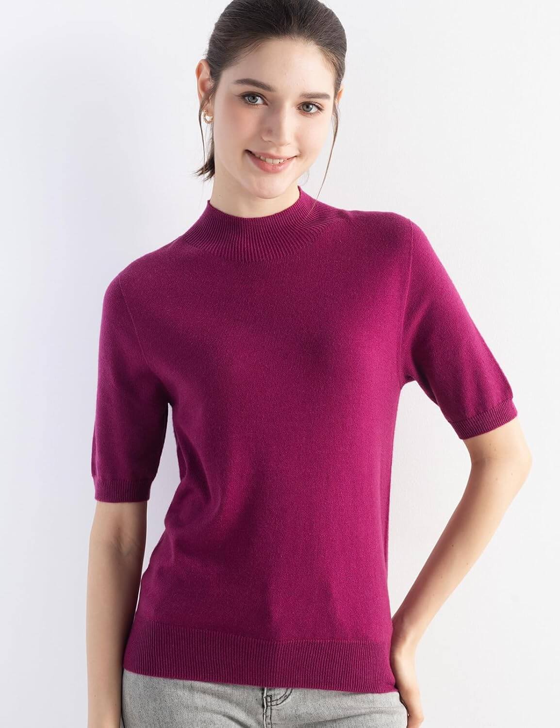 Merino Wool Blend Mock Neck Short Sleeve Seamless Knit Sweater