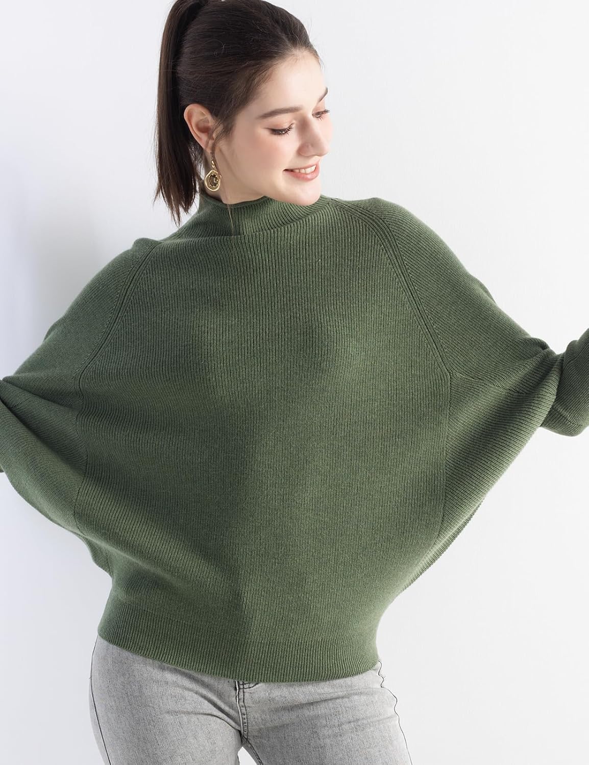 Merino Wool Blend Oversized Mock Neck Batwing Knit Sweater
