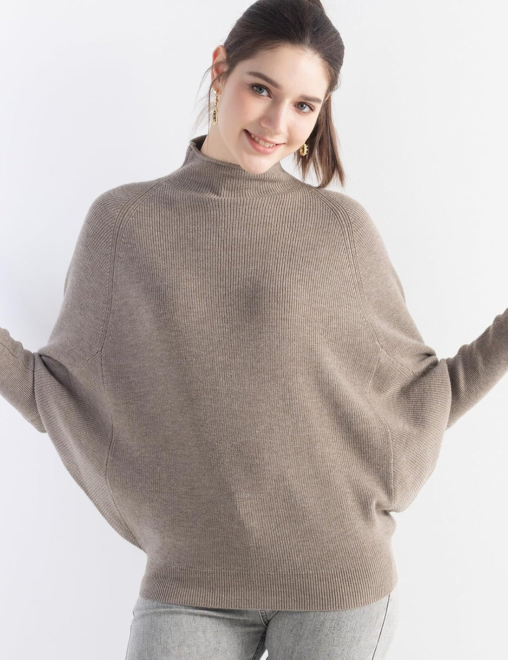 Merino Wool Blend Oversized Mock Neck Batwing Knit Sweater