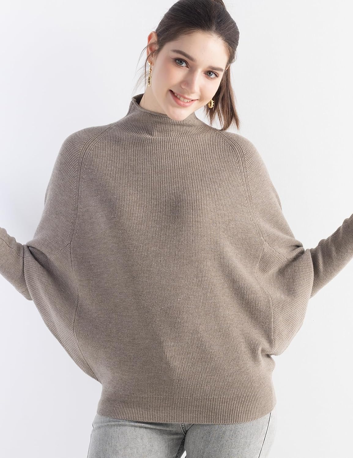 Merino Wool Blend Oversized Mock Neck Batwing Knit Sweater
