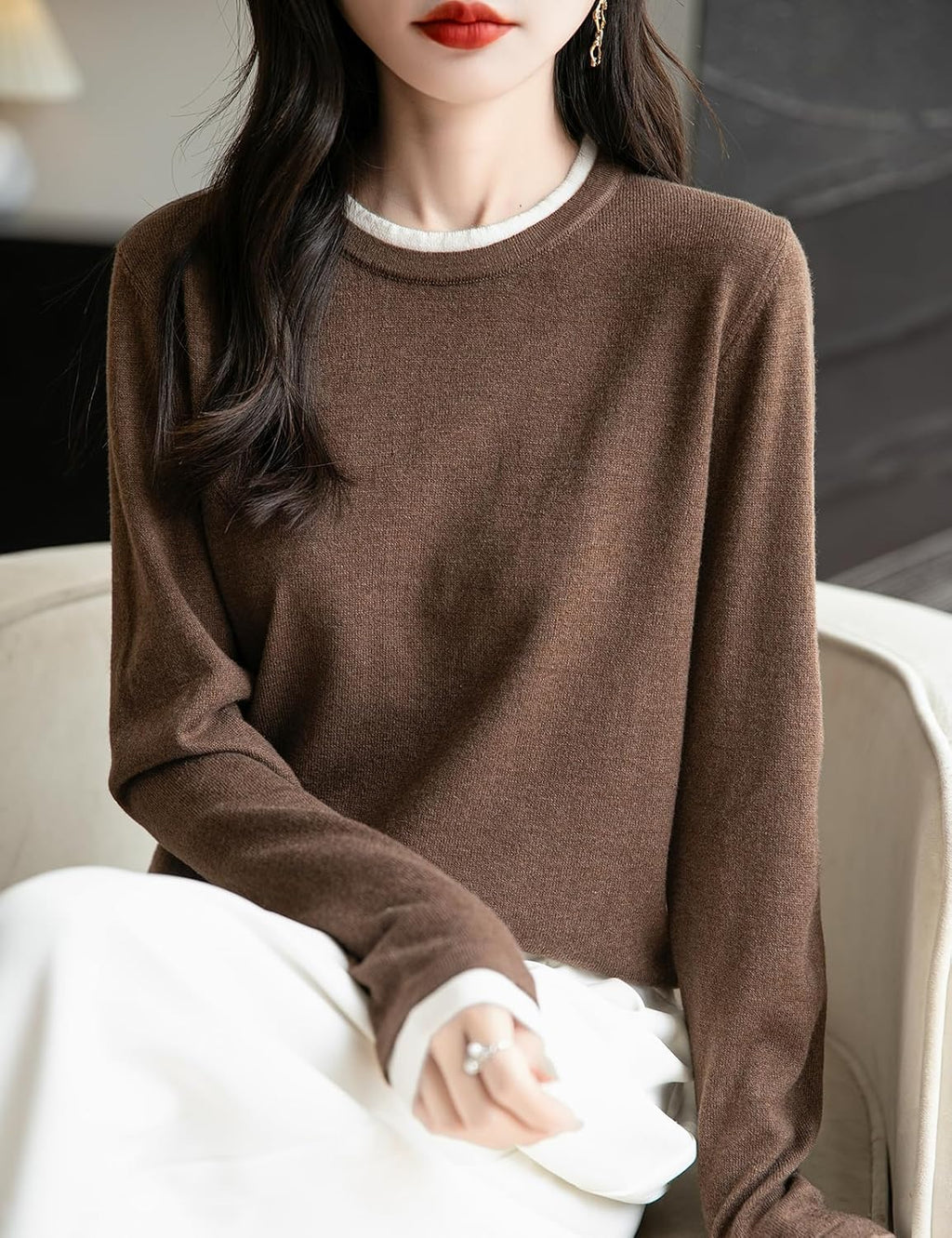 Merino Wool Blend Color Block Fake Two-Piece Crewneck Knit Top