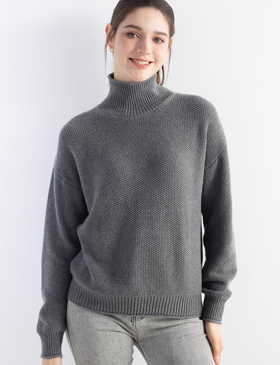 Merino Wool Blend Mock Neck Loose Knit Sweater
