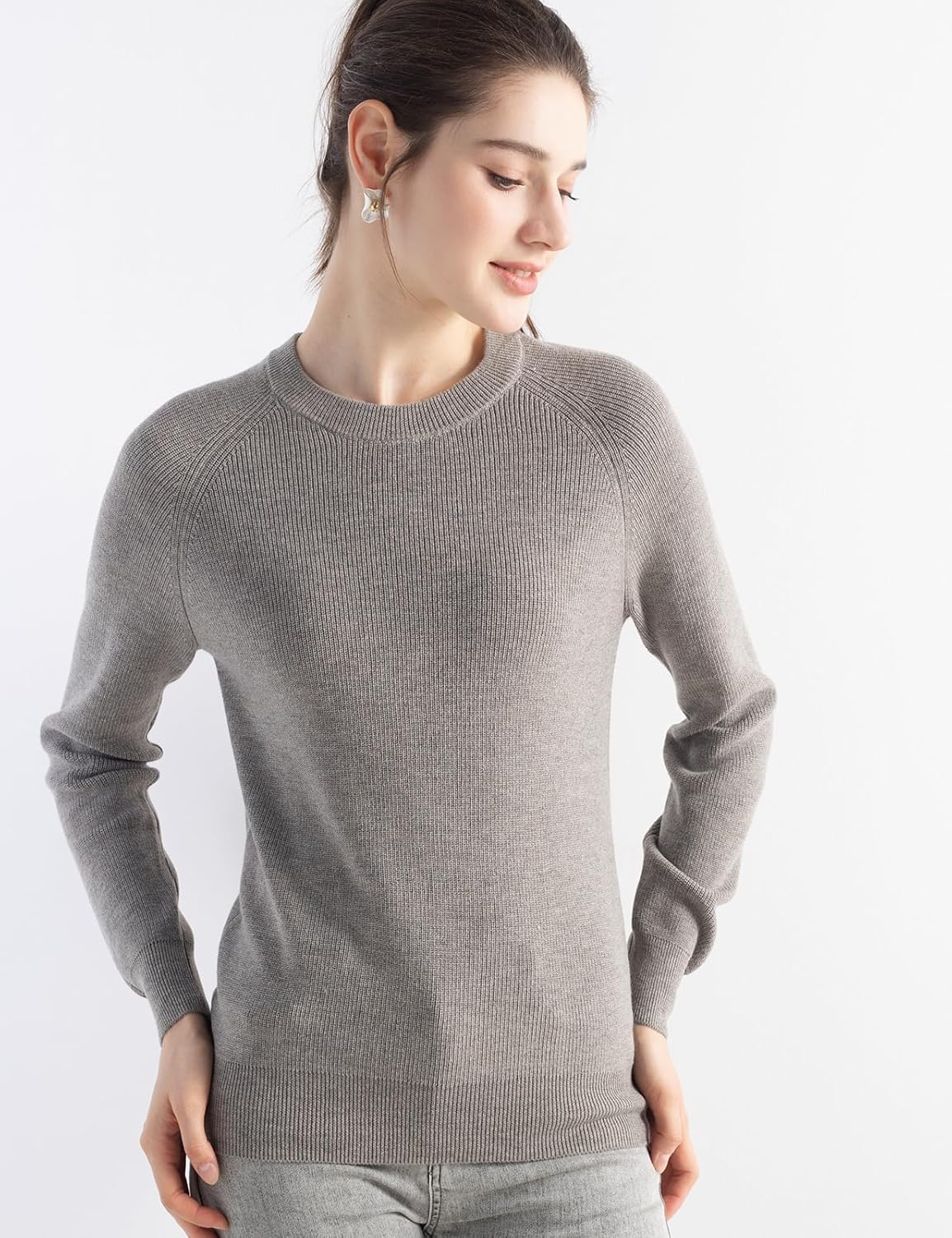Merino Wool Blend Crew Neck Knit Sweater