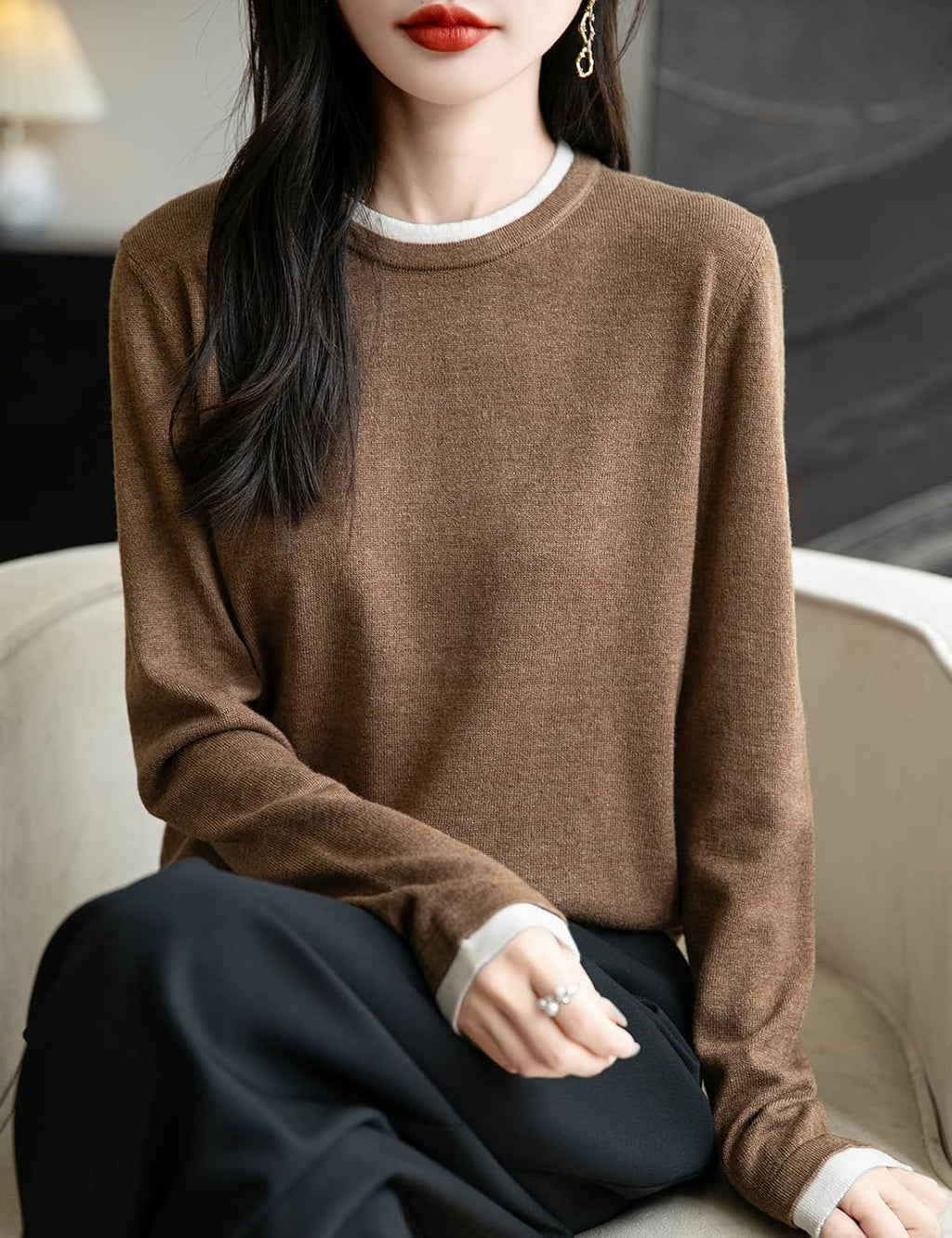 Merino Wool Blend Color Block Fake Two-Piece Crewneck Knit Top