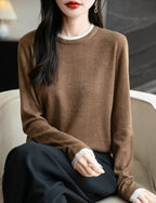 Merino Wool Blend Color Block Fake Two-Piece Crewneck Knit Top