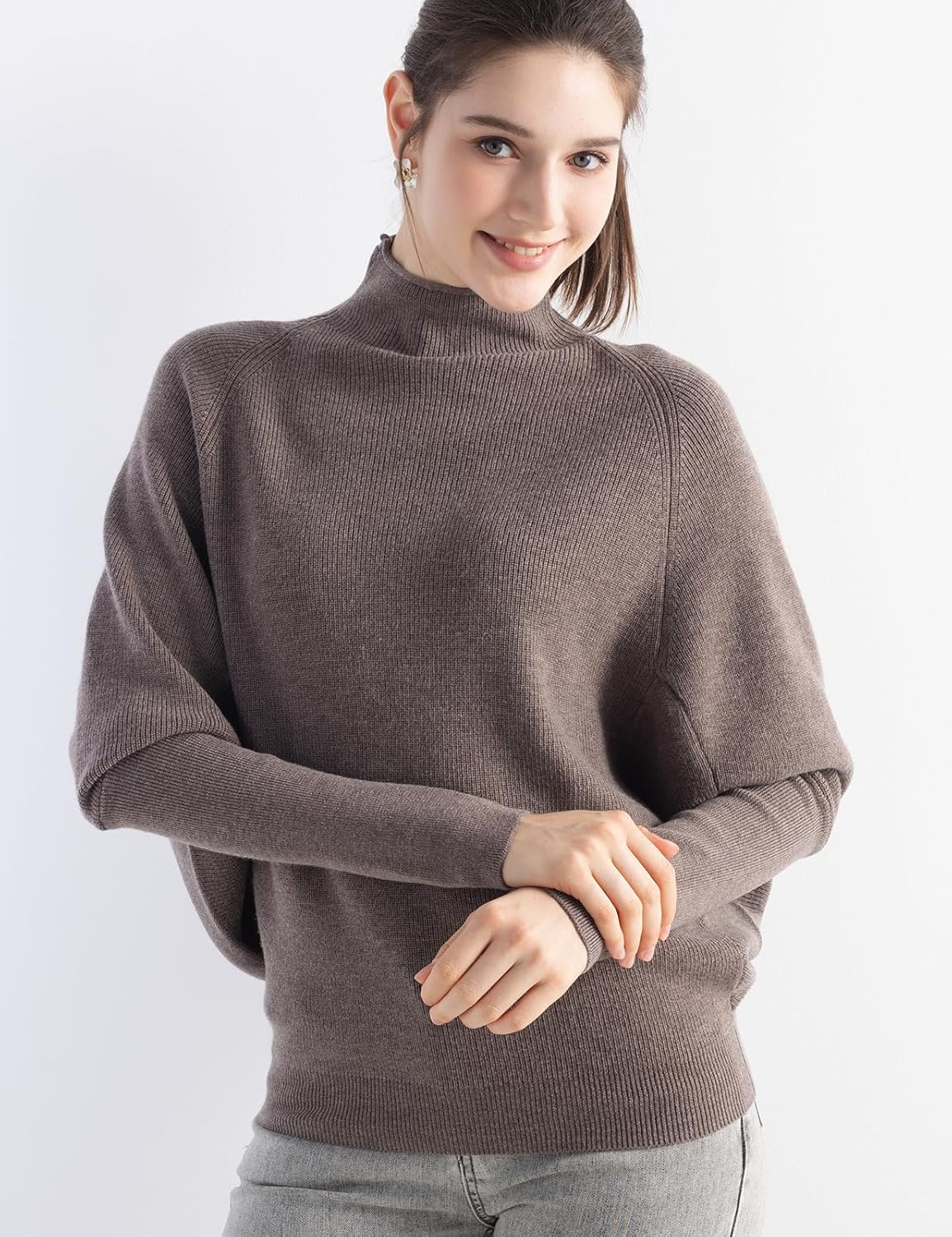 Merino Wool Blend Oversized Mock Neck Batwing Knit Sweater