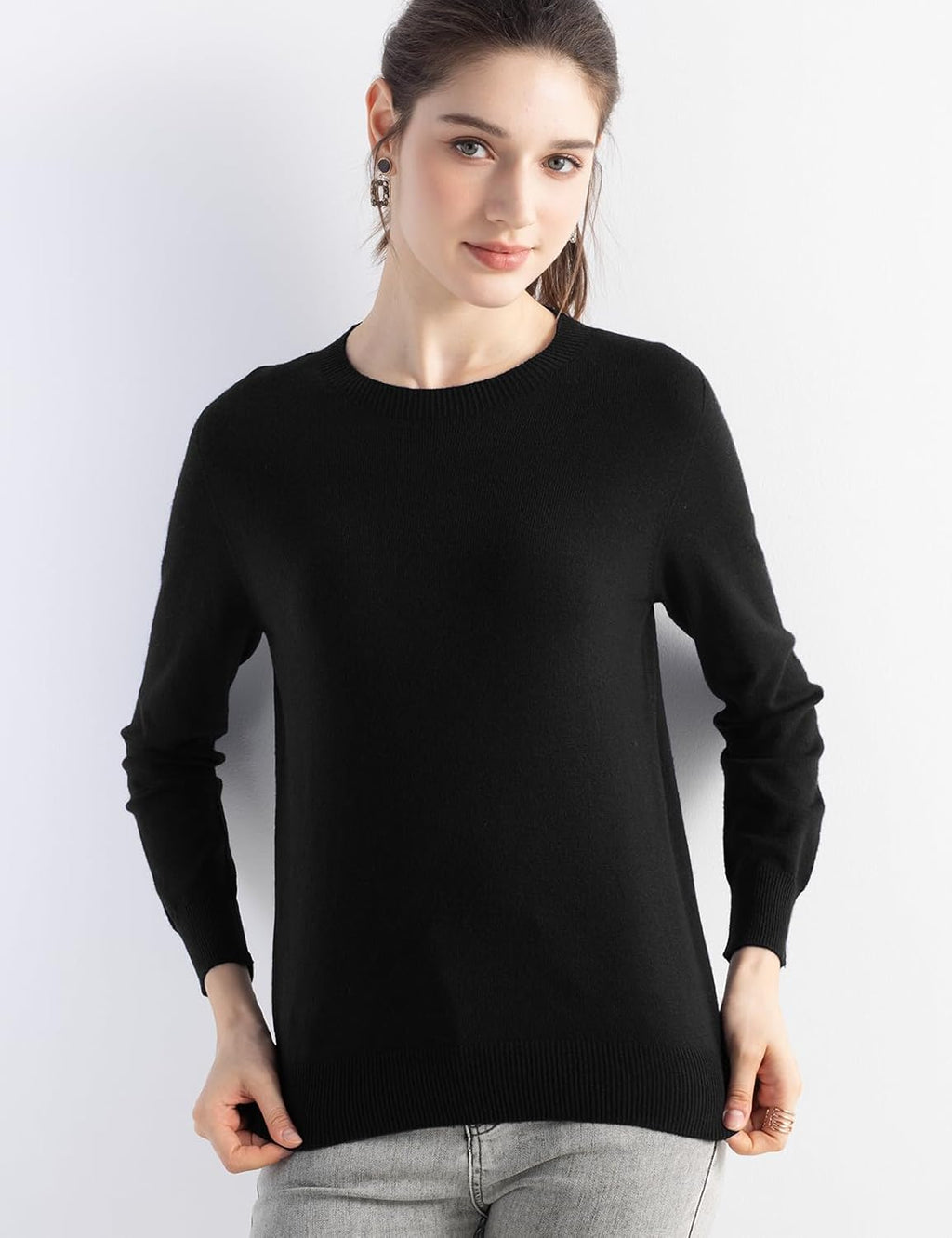 Merino Wool Blend Crew Neck Seamless Knit Sweater