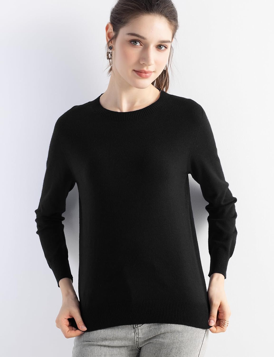 Merino Wool Blend Crew Neck Seamless Knit Sweater