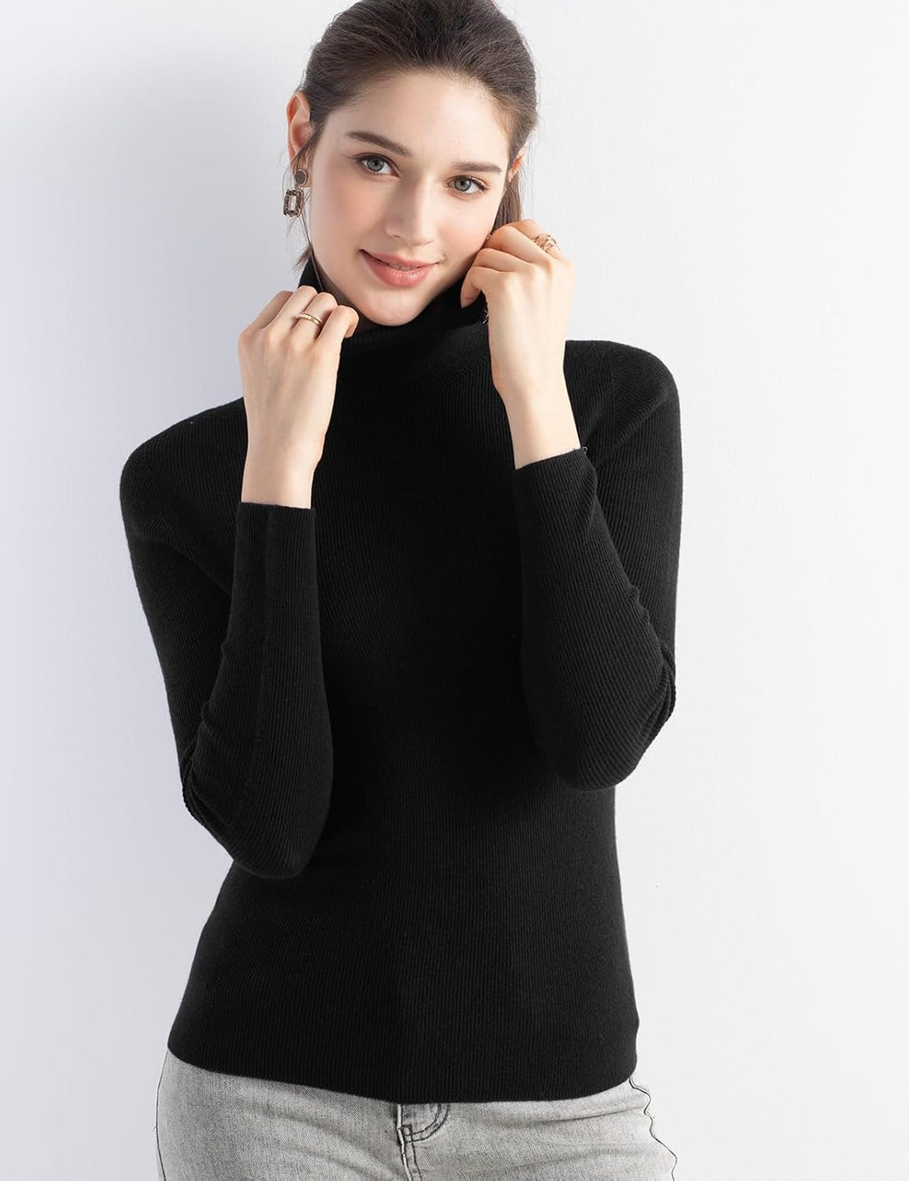 Merino Wool Blend Ribbed Turtleneck Slim Fit Sweater