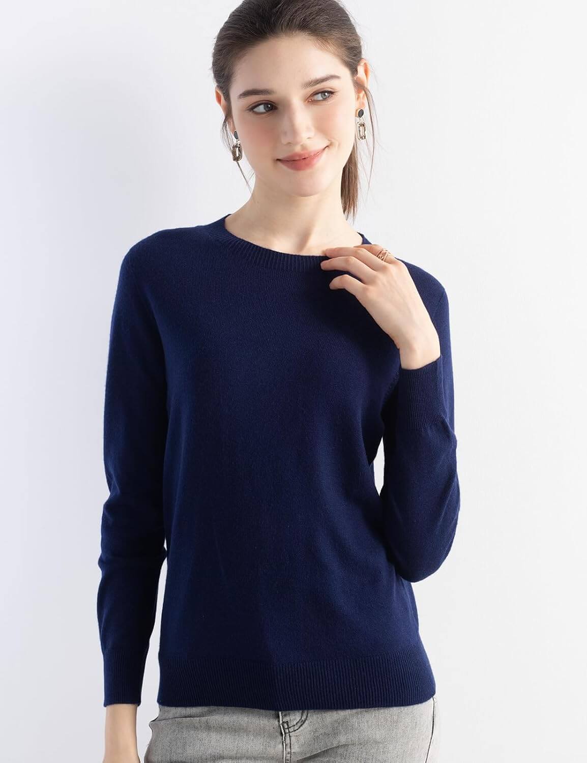 Merino Wool Blend Crew Neck Seamless Knit Sweater
