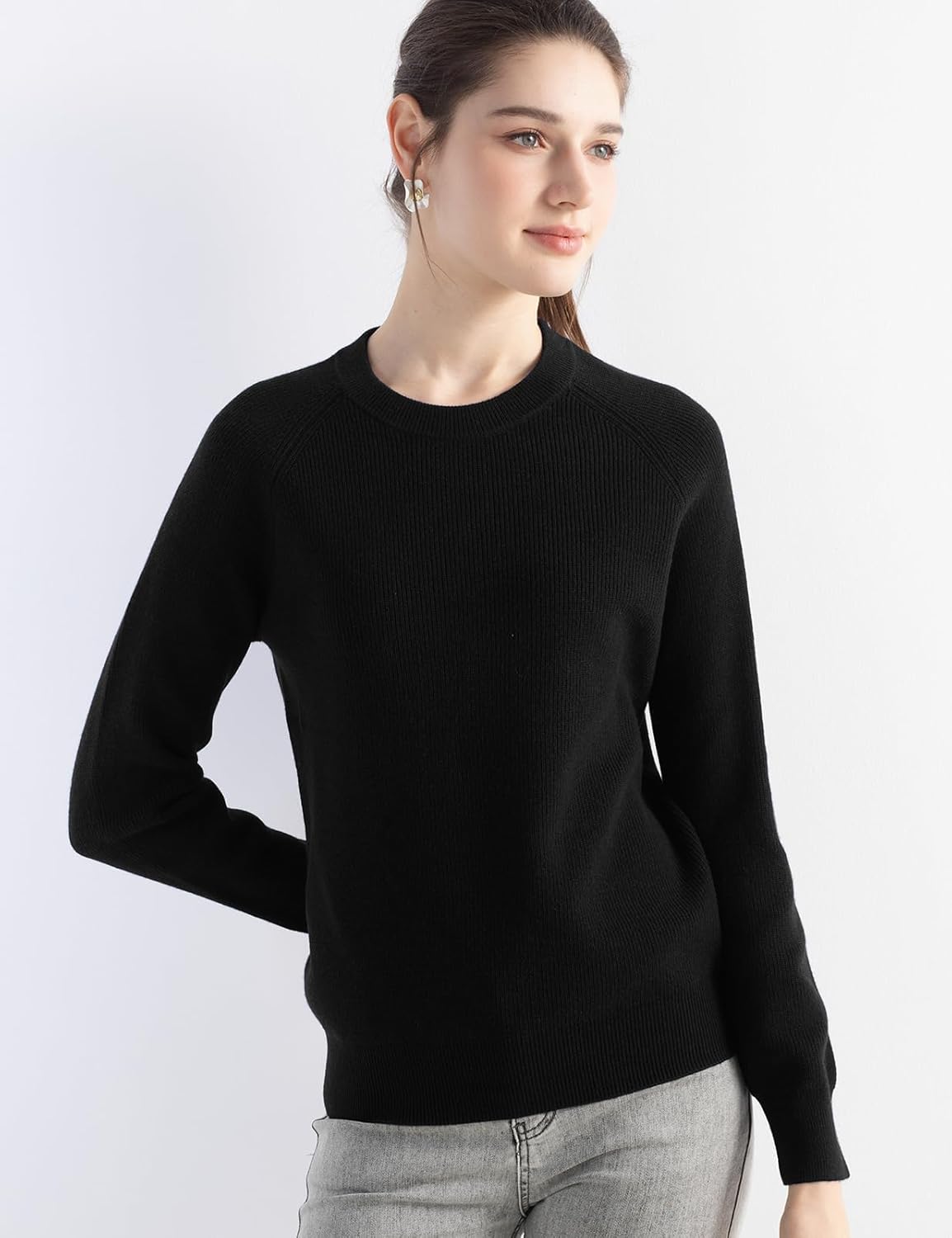 Merino Wool Blend Crew Neck Knit Sweater