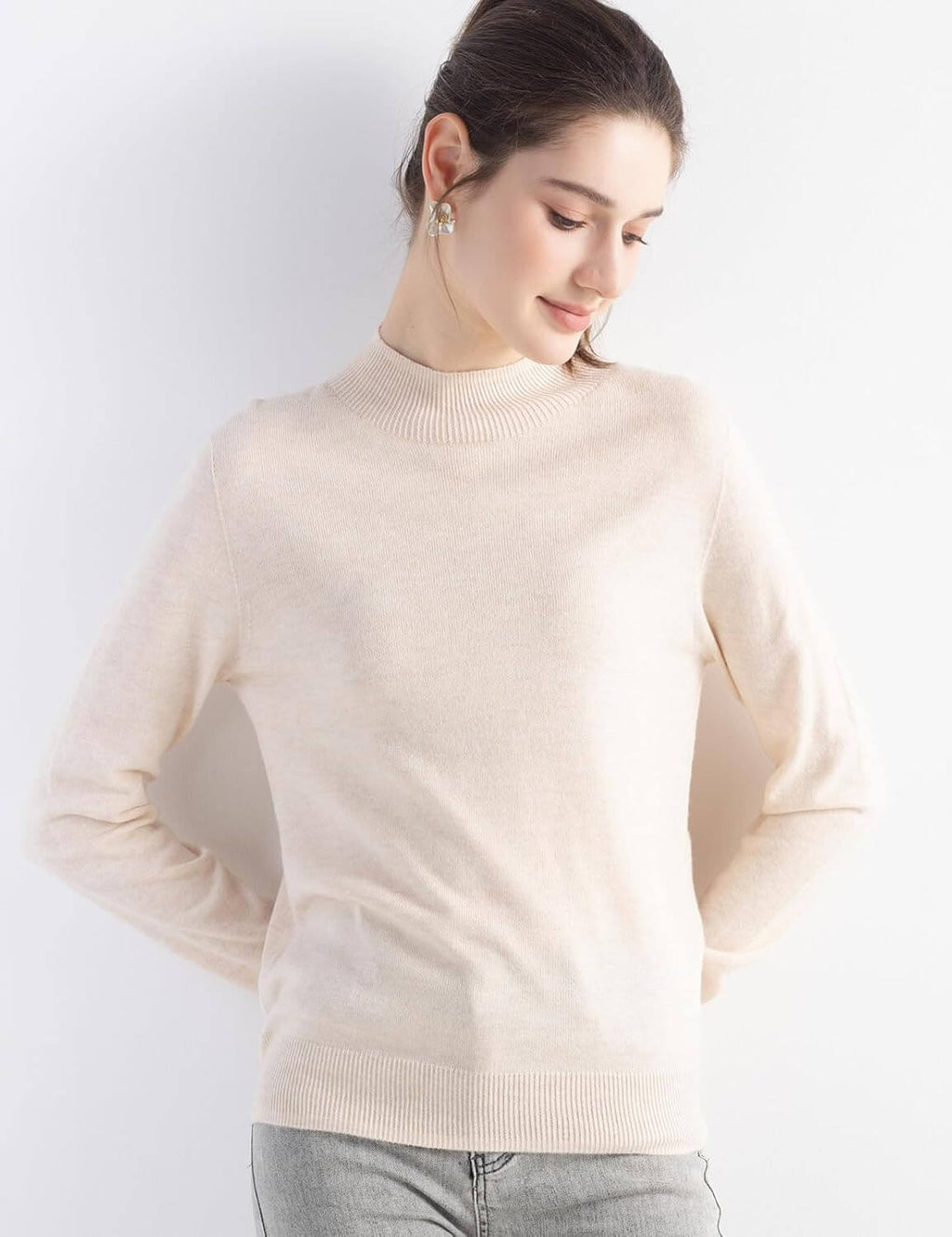 Merino Wool Blend Mock Neck Seamless Knit Sweater