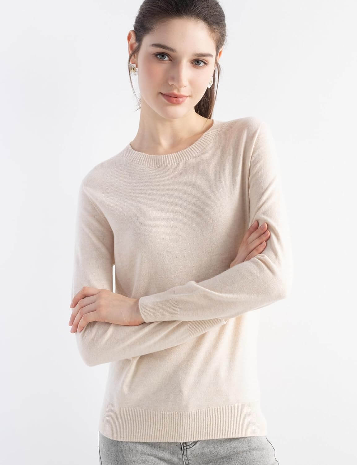 Merino Wool Blend Crew Neck Seamless Knit Sweater
