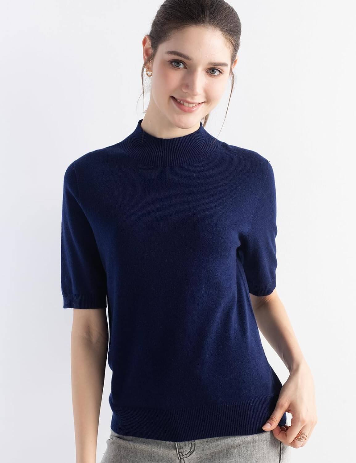 Merino Wool Blend Mock Neck Short Sleeve Seamless Knit Sweater