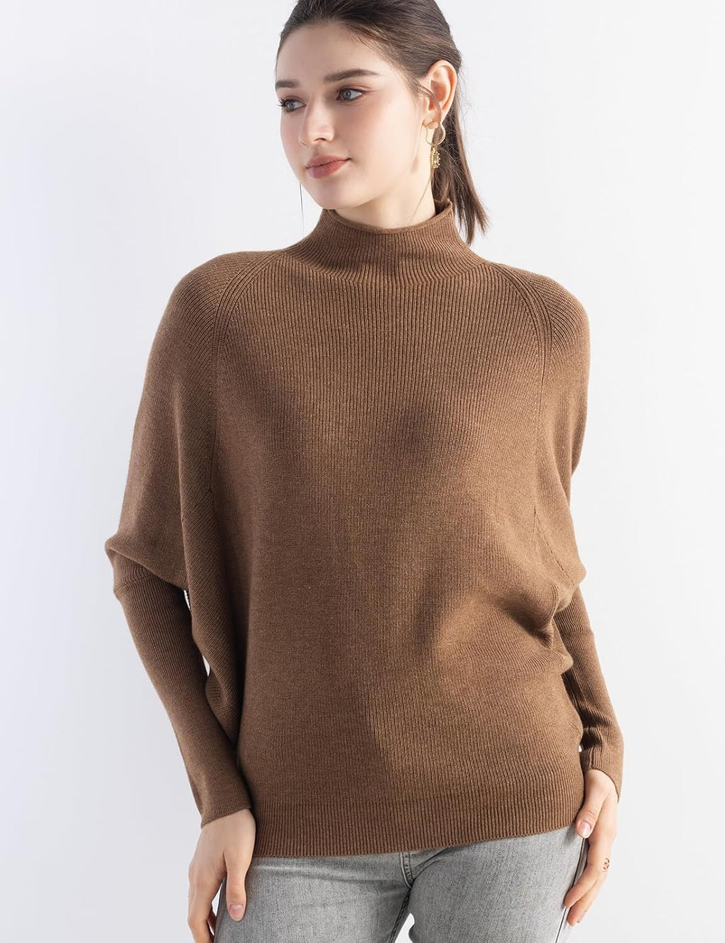 Merino Wool Blend Oversized Mock Neck Batwing Knit Sweater
