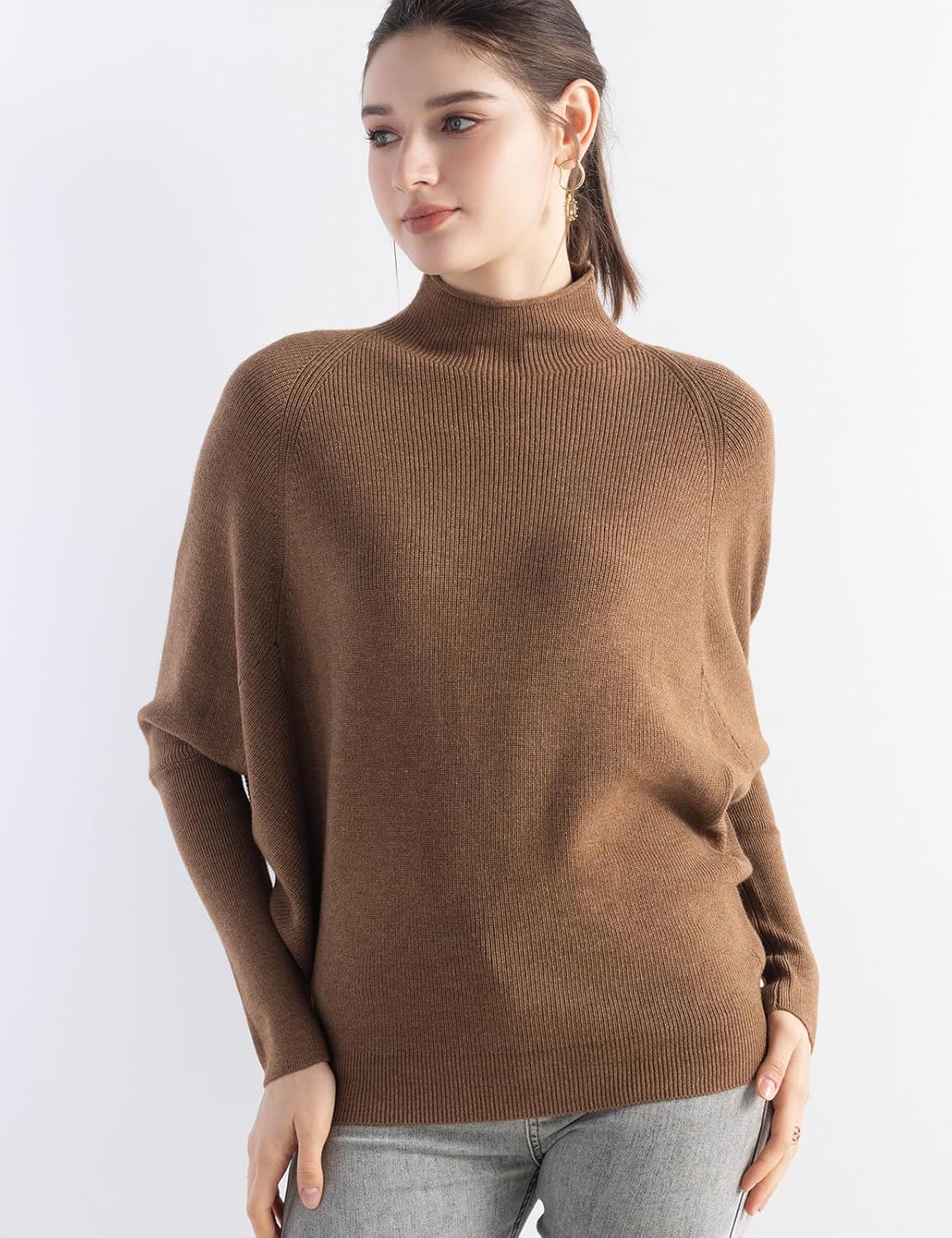 Merino Wool Blend Oversized Mock Neck Batwing Knit Sweater