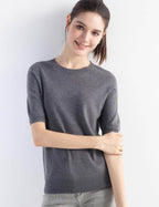 Merino Wool Blend Crew Neck Short Sleeve Seamless Knit Sweater