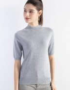 Merino Wool Blend Mock Neck Short Sleeve Seamless Knit Sweater