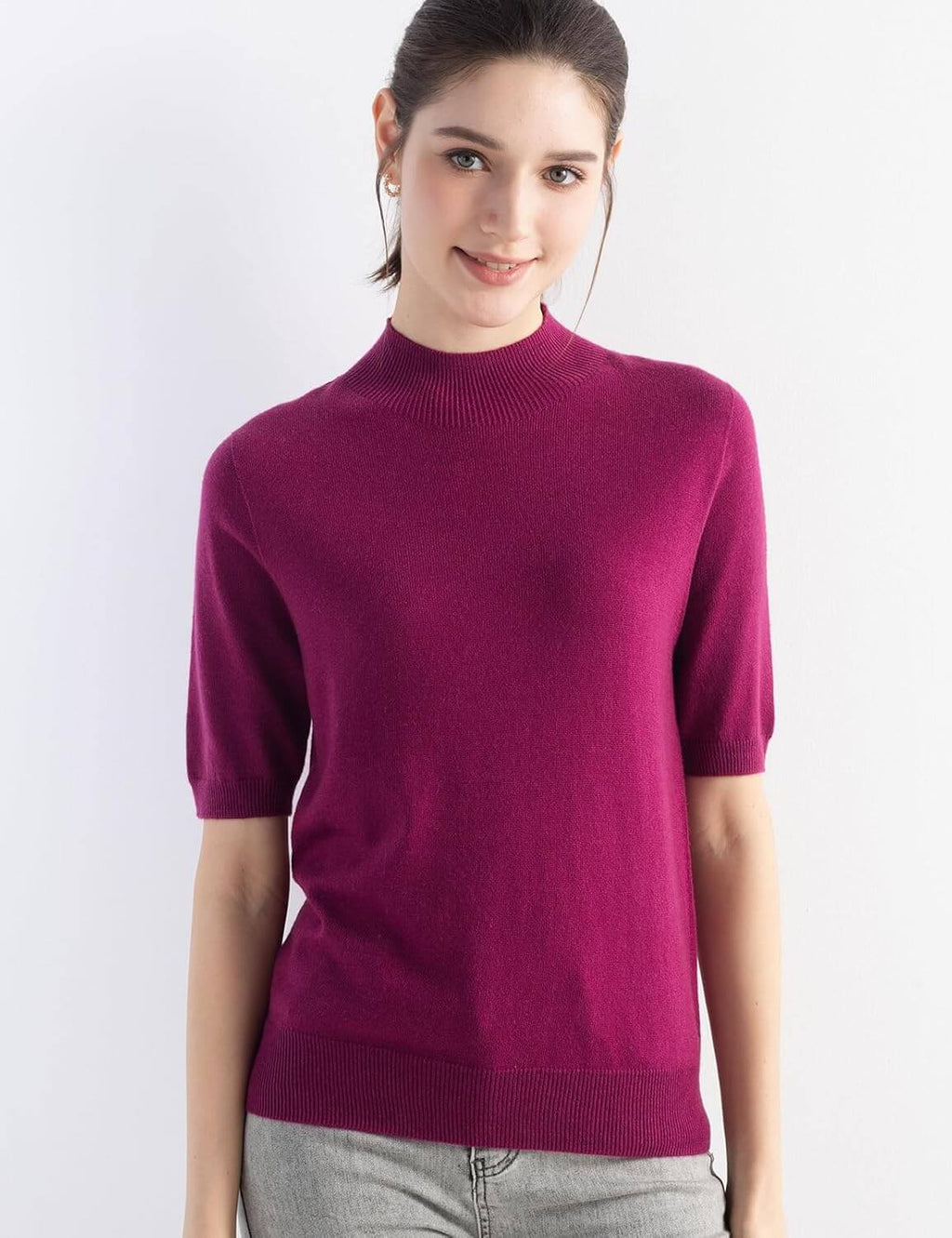 Merino Wool Blend Mock Neck Short Sleeve Seamless Knit Sweater