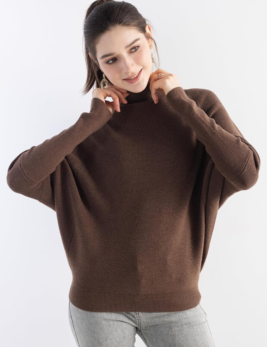 Merino Wool Blend Oversized Mock Neck Batwing Knit Sweater