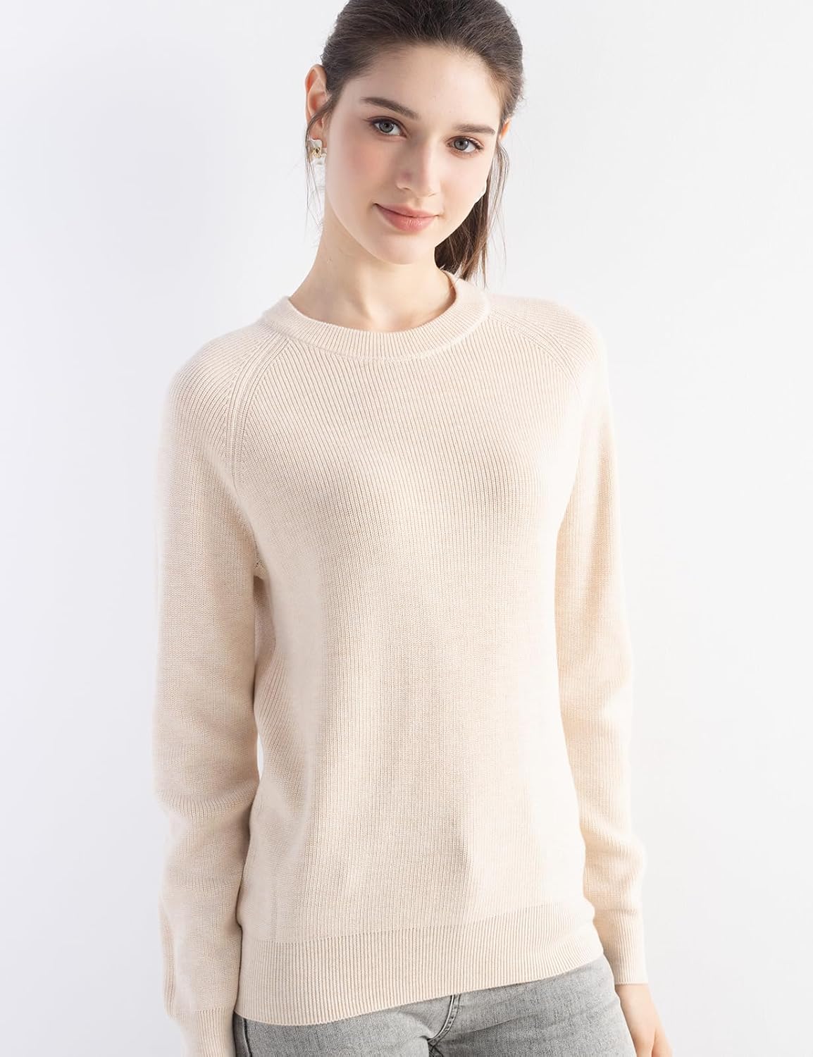 Merino Wool Blend Crew Neck Knit Sweater