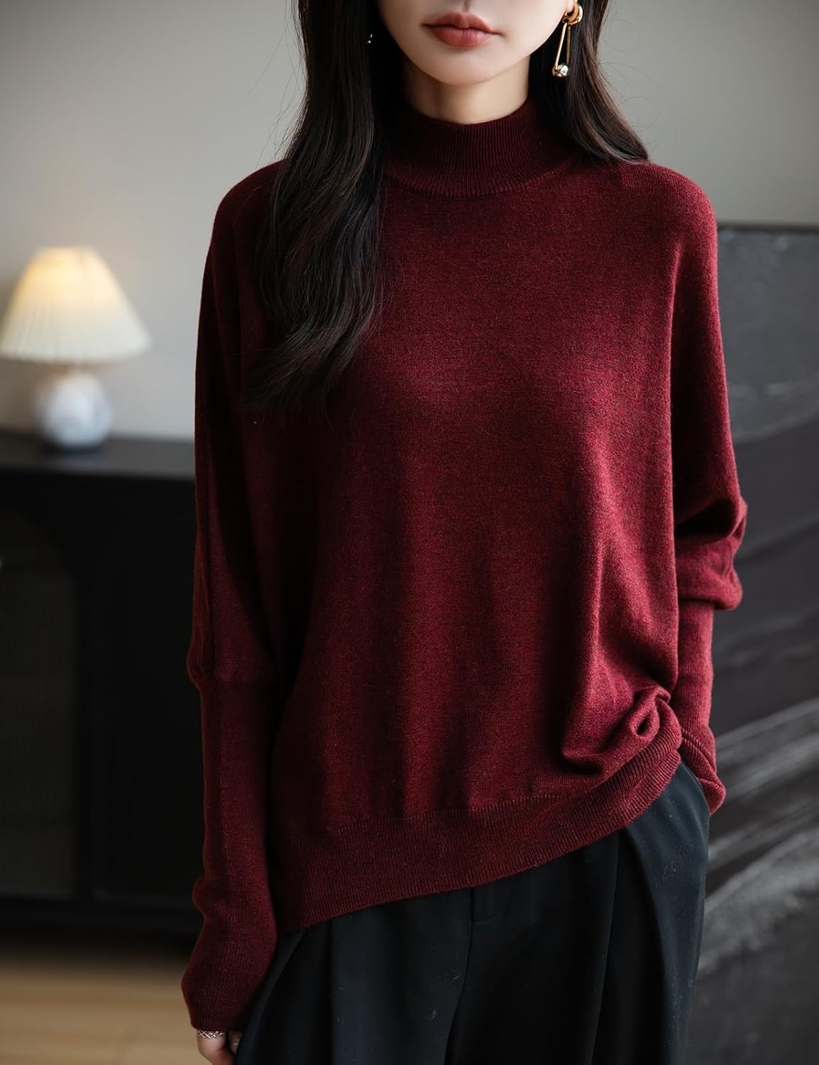 Merino Wool Blend Mock Neck Batwing Sleeve Sweater