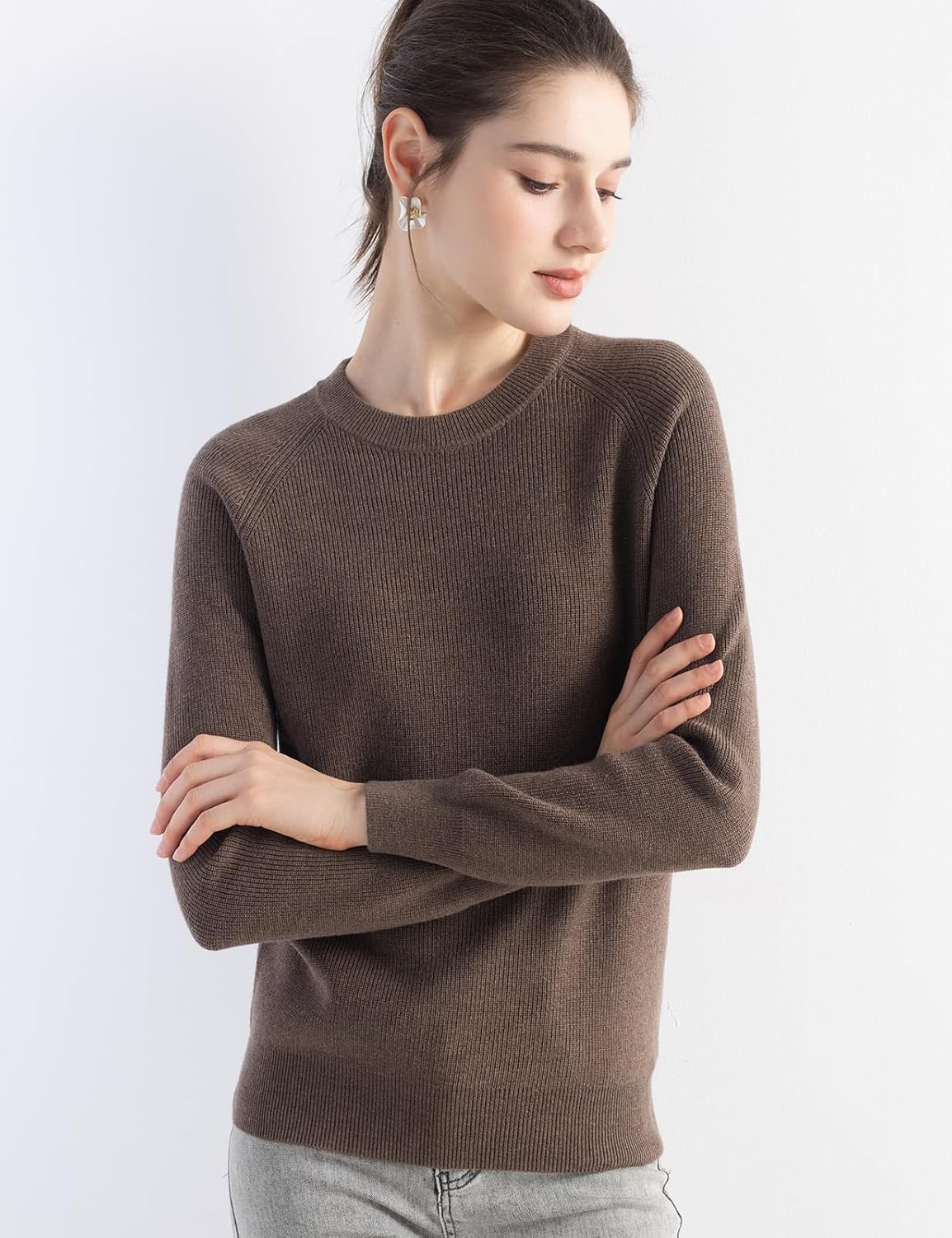 Merino Wool Blend Crew Neck Knit Sweater