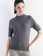 Merino Wool Blend Mock Neck Short Sleeve Seamless Knit Sweater