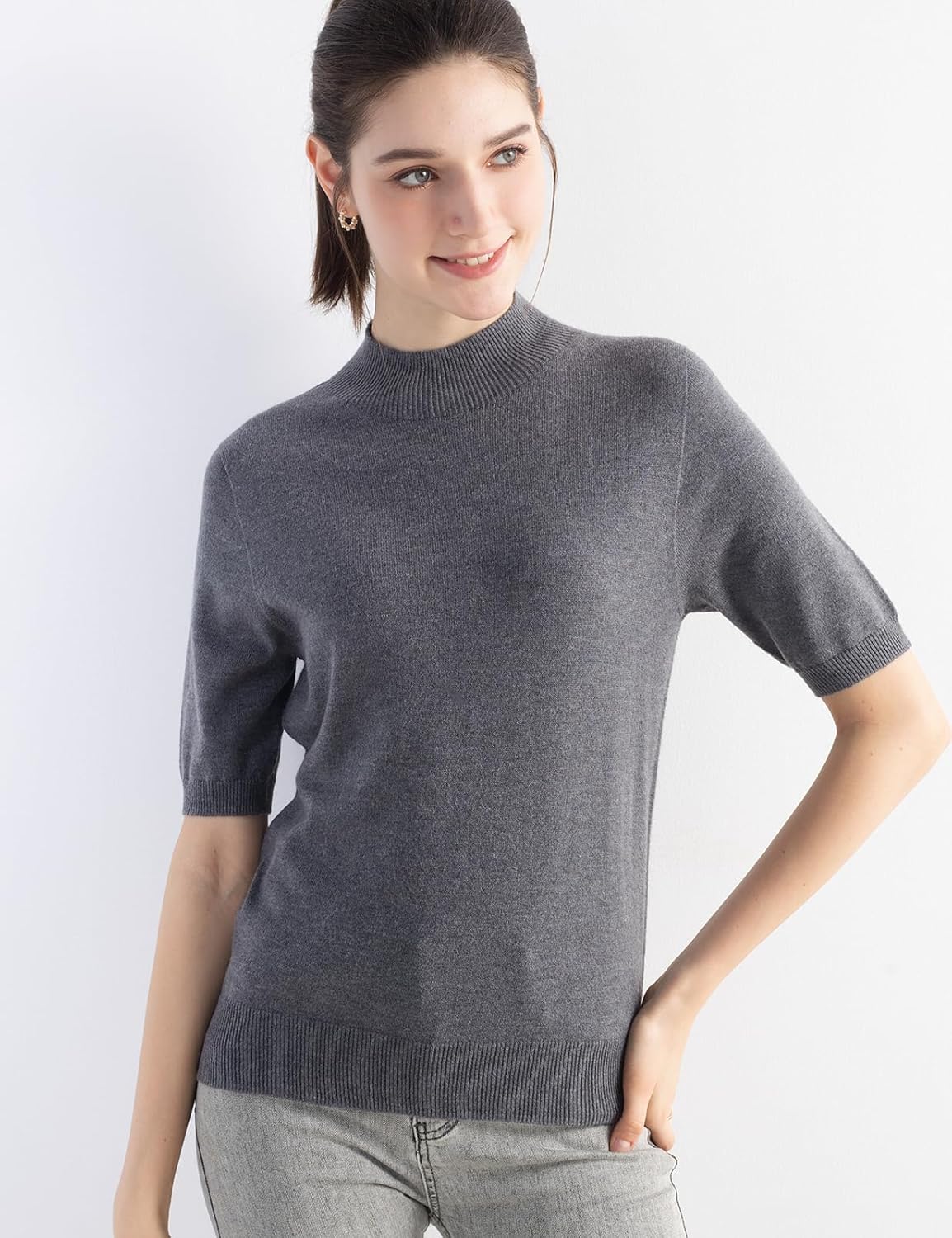 Merino Wool Blend Mock Neck Short Sleeve Seamless Knit Sweater