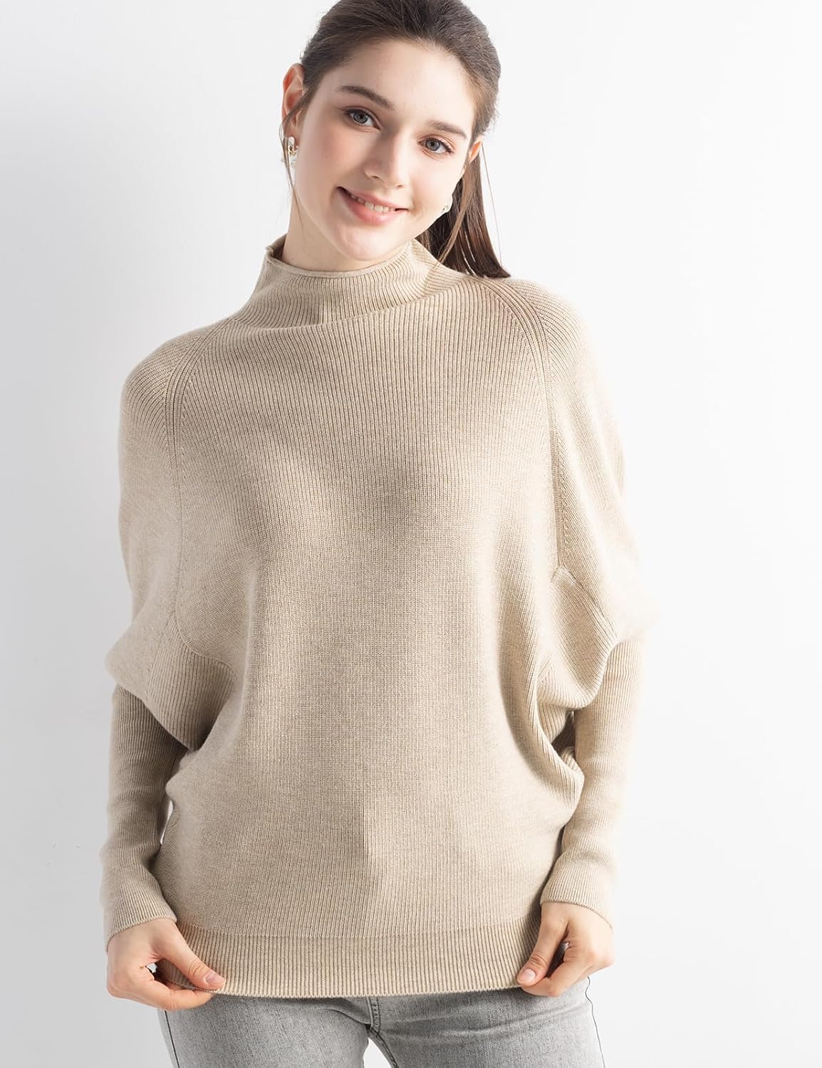 Merino Wool Blend Oversized Mock Neck Batwing Knit Sweater