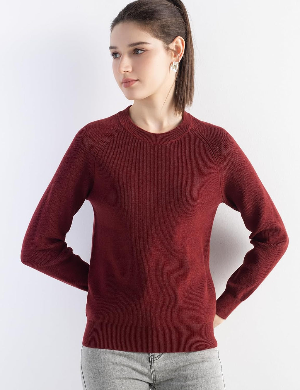 Merino Wool Blend Crew Neck Knit Sweater