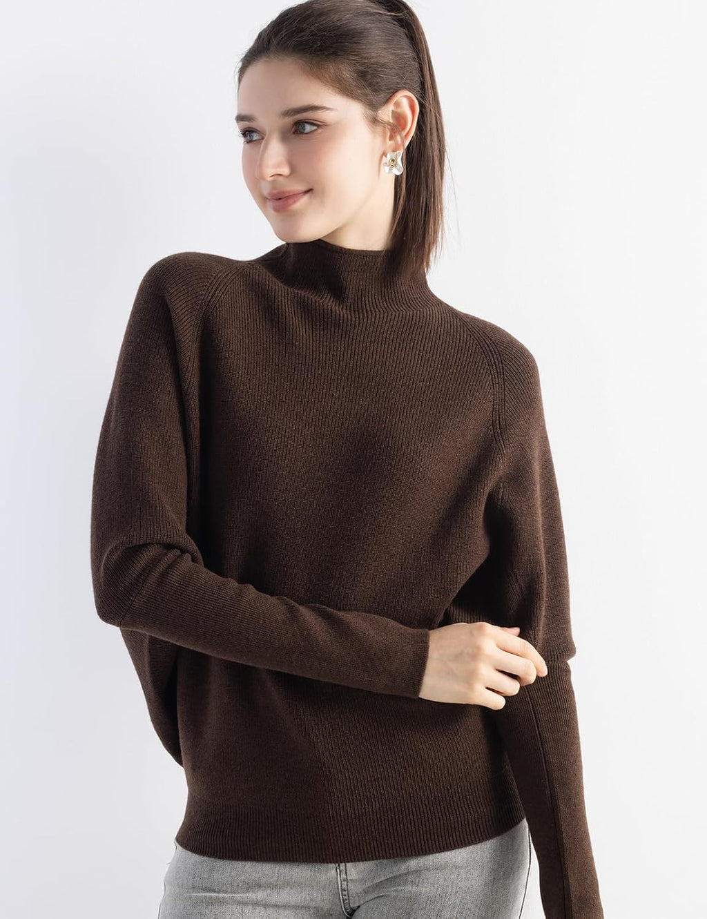 Merino Wool Blend Oversized Mock Neck Batwing Knit Sweater