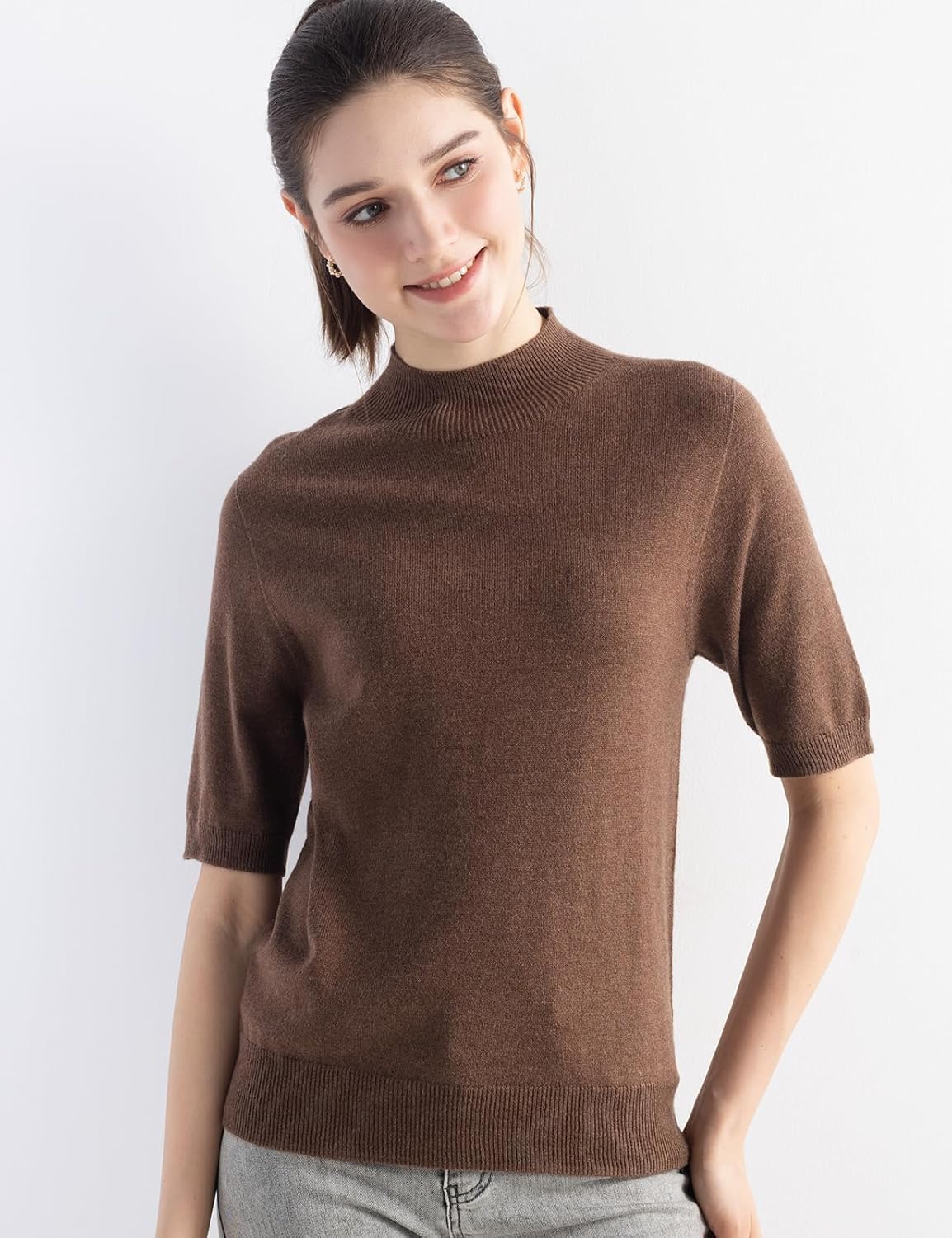 Merino Wool Blend Mock Neck Short Sleeve Seamless Knit Sweater