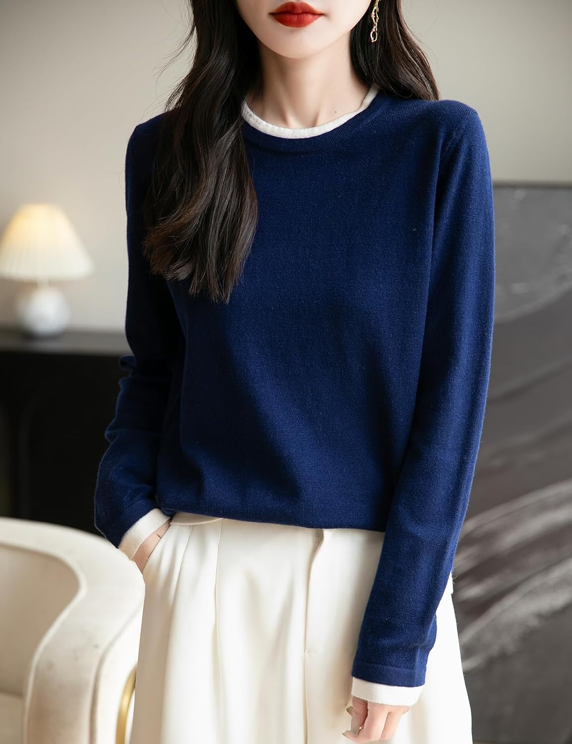 Merino Wool Blend Color Block Fake Two-Piece Crewneck Knit Top