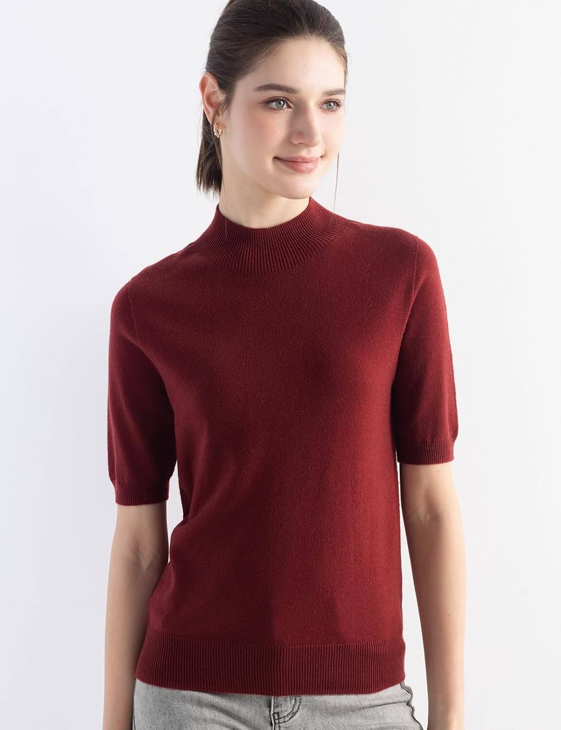 Merino Wool Blend Mock Neck Short Sleeve Seamless Knit Sweater