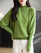 Merino Wool Blend Mock Neck Batwing Sleeve Sweater