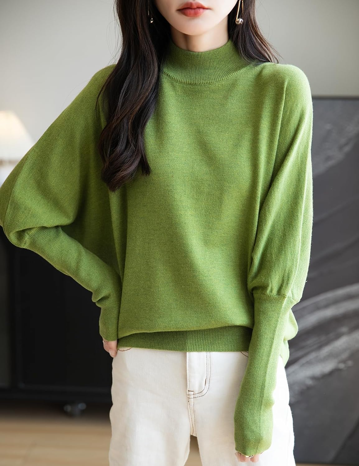Merino Wool Blend Mock Neck Batwing Sleeve Sweater