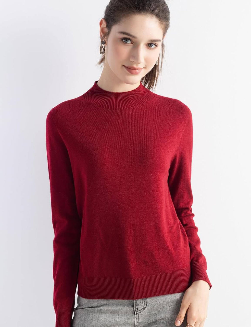 Merino Wool Blend Mock Neck Seamless Knit Sweater