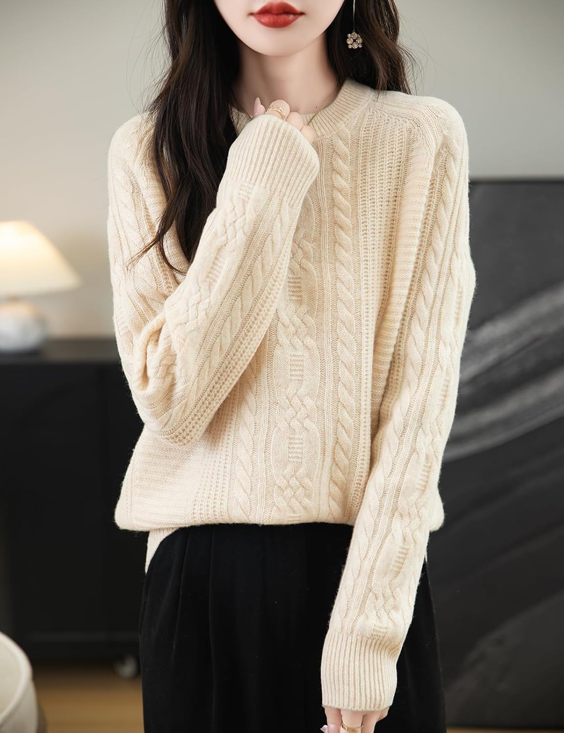 100% Merino Wool Crewneck Cable Knit Sweater