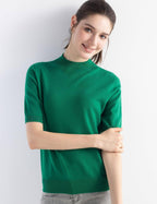 Merino Wool Blend Mock Neck Short Sleeve Seamless Knit Sweater