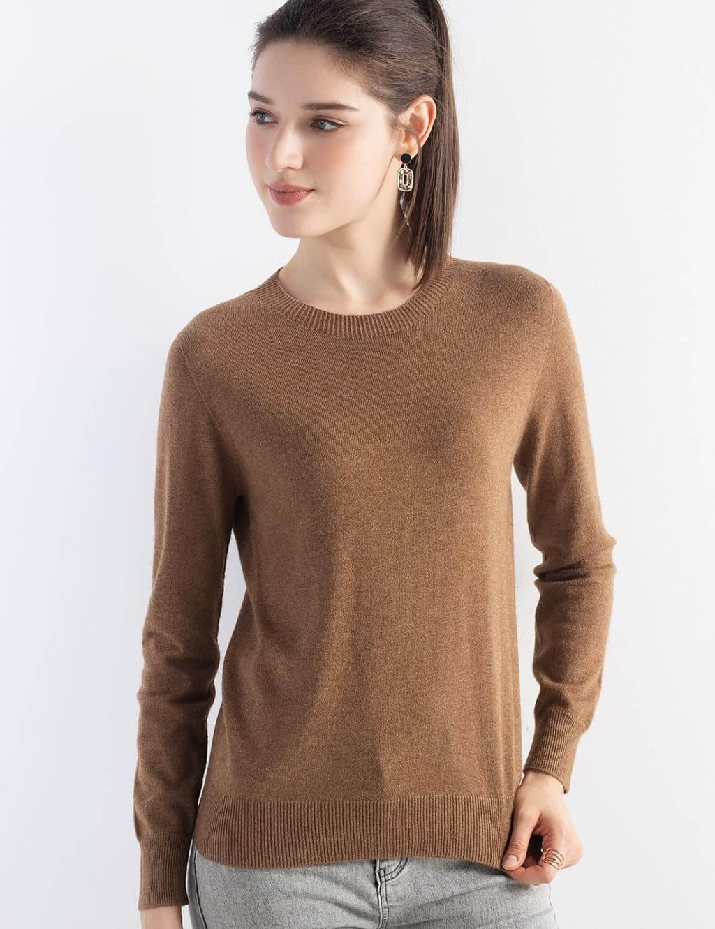 Merino Wool Blend Crew Neck Seamless Knit Sweater