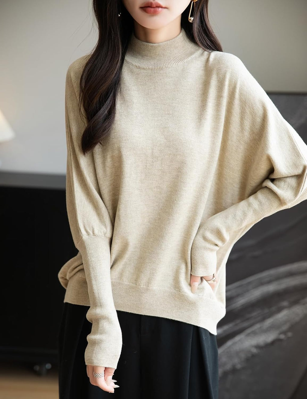 Merino Wool Blend Mock Neck Batwing Sleeve Sweater